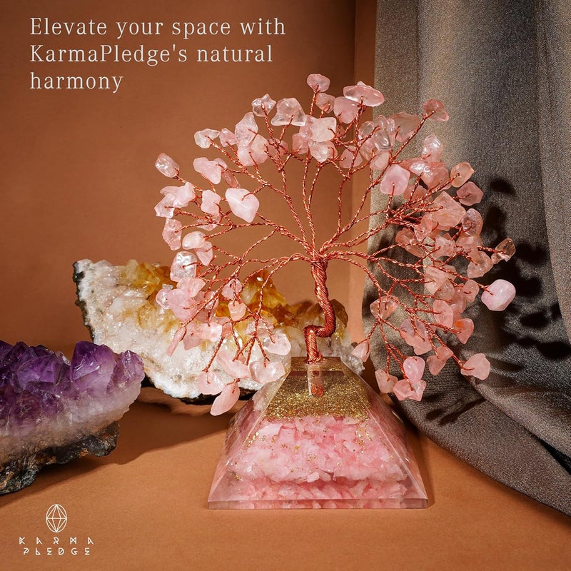 KARMAPLEDGE Rose Quartz Crystal Tree Good Luck Birthday Gifts for Womens, Mom, Home and Office Desk Decor, Pyramid Base Reiki Healing Stones & Chakra Tree of Life for Positive Energy, Money, Sucess - Image 4
